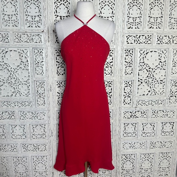 Vtg Evan Picone Beaded Sequin Fairycore Red Halter Asymmetrical Cocktail Dress - Picture 1 of 11